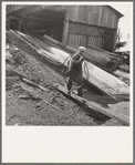 "Pond monkey" carrying cable from mill shed to pond. Keno, Klamath County, Oregon