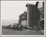 Yard of one of the eight cooperating farmers whose corn is being stored on this day. Note the newly built silo and the ensilage cutter in use. Near West Carlton, Yamhill Country, Oregon. General caption number 58