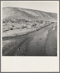 Below the bench, showing condition of road which leads up to the new farm due to seepage of irrigation water. Family who lives in shack have been in the country one year. "We're getting along, but it's awful slow." Dead Ox Flat, Malheur County, Oregon
