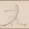 Sketch of dance figure (left knee bent and right leg straight with left arm out front and right arm overhead making a reverse C shape)
