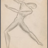 Sketch of dance figure (lunging with right knee bent and left arm across body)