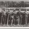 Five Idaho farmers, members of Ola self-help sawmill co-op, in the woods standing against a load of logs ready to go down to their mill about three miles away. Gem County, Idaho. General caption 48