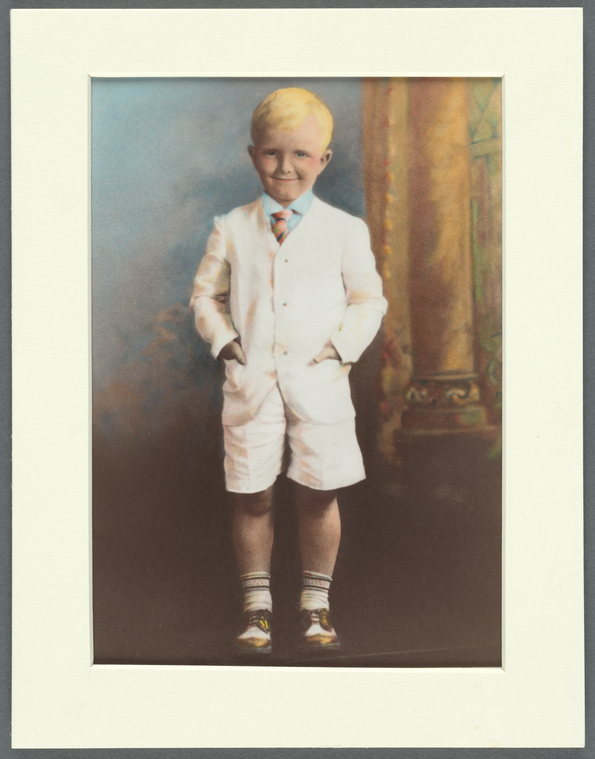 Portrait of Truman Capote as a young boy painted in color with pigments