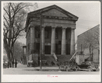Bank in Shawneetown, Illinois, built by state in 1839. Note water tank (for drinking water purposes) on sidewalk, left