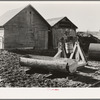 Farmyard of Matt Henry near Tipler, Wisconsin. A primitive water tank hollowed from a tree and a windlass still in operation. Farmers in this region have to make many of their own devices because of lack of funds to purchase manufactured equipment