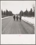Lumberjacks walking to town after the winter work is finished. Forest County, Wisconsin