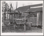 Stand for strapping in horses while being shod. Forest County lumber camp. Wisconsin