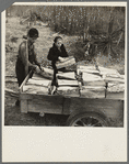 Son and daughter of Lon Allen's loading firewood on the trailer for delivery to the customer. Near Iron River, Michigan