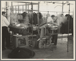 Steam pressing the cloth is one process in manufacturing women's coats at Jersey Homesteads, Hightstown