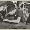 Isadore Snyder, cloak operator, was one of the first to be admitted to Jersey Homesteads because of his aptitude at the machine and his enthusiasm for the success of this cooperative village. Hightstown, New Jersey