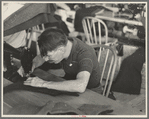 Isadore Snyder, cloak operator, was one of the first to be admitted to Jersey Homesteads because of his aptitude at the machine and his enthusiasm for the success of this cooperative village. Hightstown, New Jersey