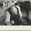 Closeup of tailor in garment factory. Jersey Homesteads, Hightstown, New Jersey