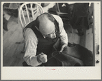 Closeup of tailor in garment factory. Jersey Homesteads, Hightstown, New Jersey