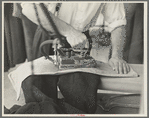 Closeup of presser's hands, Jersey Homesteads factory, Hightstown, New Jersey