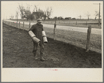 Tip Estes carrying tiles to load on a wagon, Fowler, Indiana
