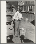 Farmer eating peach at livestock auction, Sikeston, Missouri