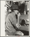 Farmer eating peach at livestock auction, Sikeston, Missouri