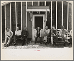 Resettlement workers in front of camp building, Black River Falls Land Use Project, Wisconsin