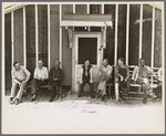 Resettlement workers in front of camp building, Black River Falls Land Use Project, Wisconsin