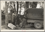 Blueberry pickers getting ready to go into the fields, near Little Fork [i.e. Littlefork], Minnesota