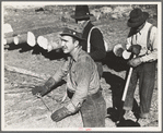 Lumberjack adjusting loading chain around log at camp near Effie, Minnesota