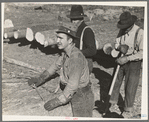 Lumberjack adjusting loading chain around log at camp near Effie, Minnesota