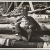 Lumberjack resting on pile of logs, near Effie, Minnesota