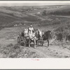 Mrs. Olie Thompson driving wagon loaded with water barrels. North Dakota