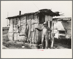 Resident of "Tin Town" on river side of levee, Caruthersville, Missouri, in front of one of his two shacks