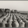 Bags of threshed rice in the foreground, with loading operations in middleground, Crowley, Louisiana