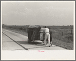 Traveling evangelists pushing cart on road between Lafayette and Scott, Louisiana