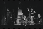 Joe E. Marks [left] Stephanie Hill [center] and ensemble in the stage production Flora, the Red