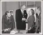 Producers Robert E. Griffith and Harold Prince and director George Abbott greet Marie La Guardia