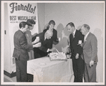 Director-coauthor George Abbott cuts the cake at the first birthday party backstage for "Fiorello!," the Pulitzer Prize musical comedy