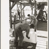Chopping ice before shaving it to be used in icing shrimp boat, Morgan City, Louisiana