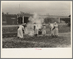 Group of women working along railroad tracks hoeing and burning cut grass, Picayune, Mississippi