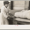 Wife of small cane farmer near Jarreau, Louisiana, making mattress of moss