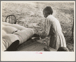 Wife of small cane farmer near Jarreau, Louisiana, making mattress of moss