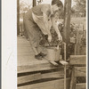 Wife of tenant farmer who will participate under tenant purchase drawing water near Morganza, Louisiana. While they live in the outskirts of a city and have access to city facilities, this is the only tap in the house