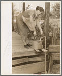 Wife of tenant farmer who will participate under tenant purchase drawing water near Morganza, Louisiana. While they live in the outskirts of a city and have access to city facilities, this is the only tap in the house