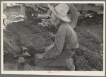 Young Mexican boy, carrot worker, eating "second breakfast" in field near Santa Maria, Texas. The lunches of the Mexican workers usually consist of tortillas and fried onions and cold coffee