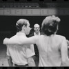 Bert Convy [far left partially out of frame], Harold Prince [background with glasses], Peg Murray [second from right with back to camera], Lotte Lenya [far right] and unidentified [second from left with back to camera] in rehearsal for the stage production Cabaret