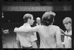 Bert Convy [far left partially out of frame], Harold Prince [background with glasses], Peg Murray [second from right with back to camera], Lotte Lenya [far right] and unidentified [second from left with back to camera] in rehearsal for the stage production Cabaret