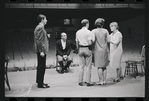 Bert Convy [left], Harold Prince [second from left], Peg Murray [second from right], Lotte Lenya [right] and unidentified [center] in rehearsal for the stage production Cabaret