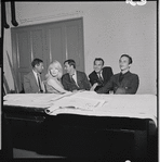 Jack Gilford, Jill Haworth, John Kander, Fred Ebb and Joel Grey in rehearsal for the stage production Cabaret
