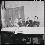 Jack Gilford, Jill Haworth, John Kander, Fred Ebb and Joel Grey in rehearsal for the stage production Cabaret