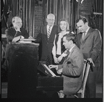 Harold Prince, George Abbott, Liza Minnelli, John Kander and Fred Ebb in rehearsal for the stage production Flora, the Red Menace