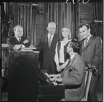 Harold Prince, George Abbott, Liza Minnelli, John Kander and Fred Ebb in rehearsal for the stage production Flora, the Red Menace