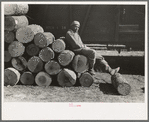 Negro resting on pile of logs to be loaded into box car, Eudora, Arkansas. These logs will be shipped to Tallulah, Louisiana to be made into barrel staves