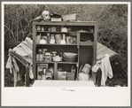 Detail of kitchen cabinet on trailer of white migrant near Harlingen, Texas